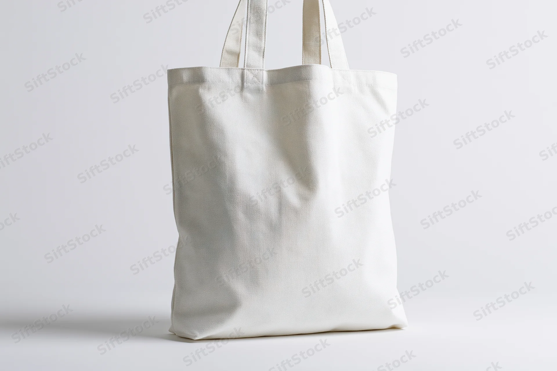 Plain white canvas tote bag standing upright centered against white background