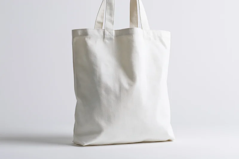 Plain white canvas tote bag standing upright centered against white background