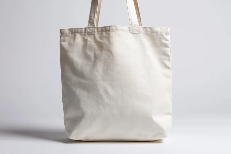 Plain white canvas tote bag standing upright centered against white background