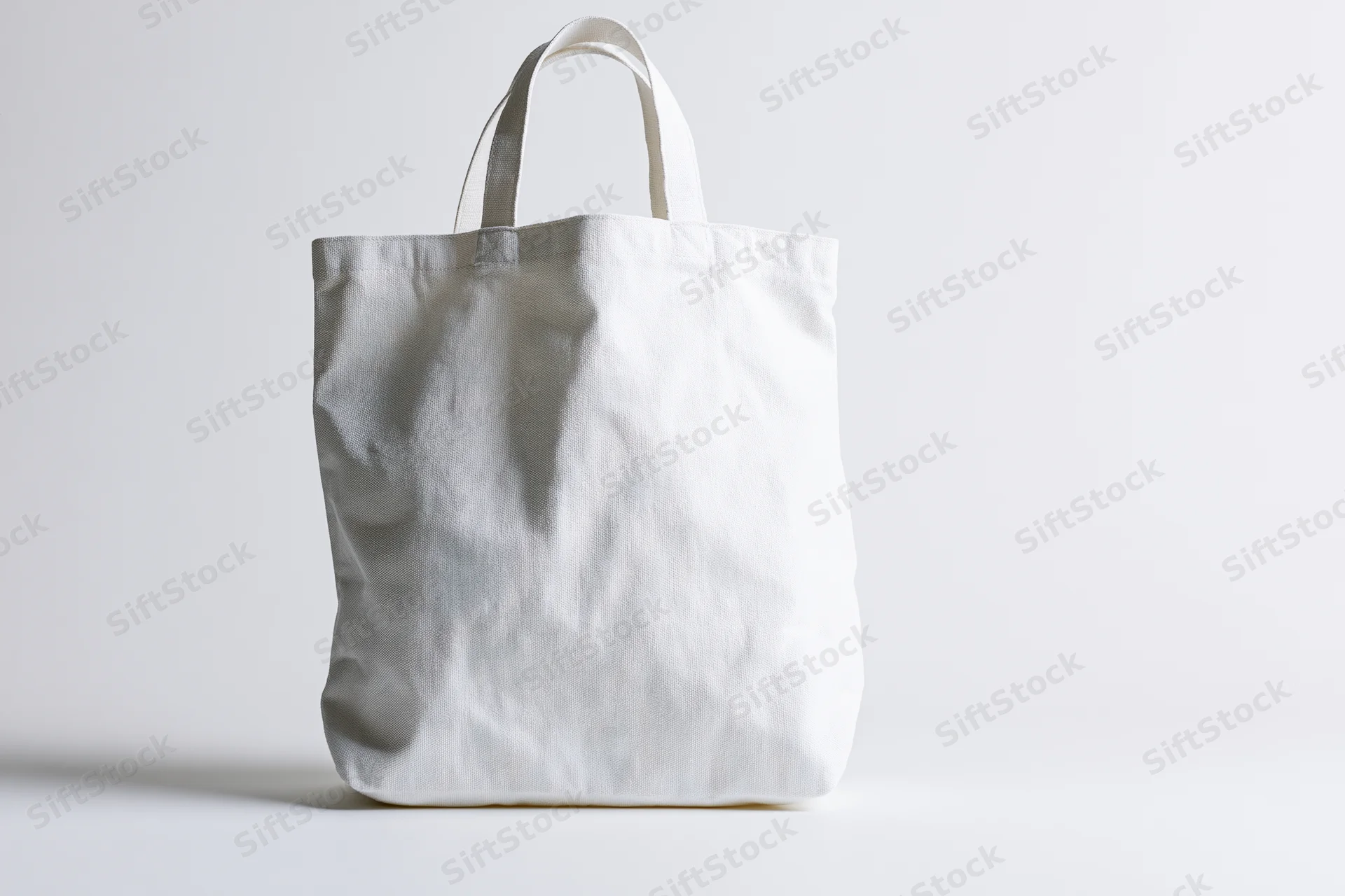 Plain white canvas tote bag standing upright centered against white background