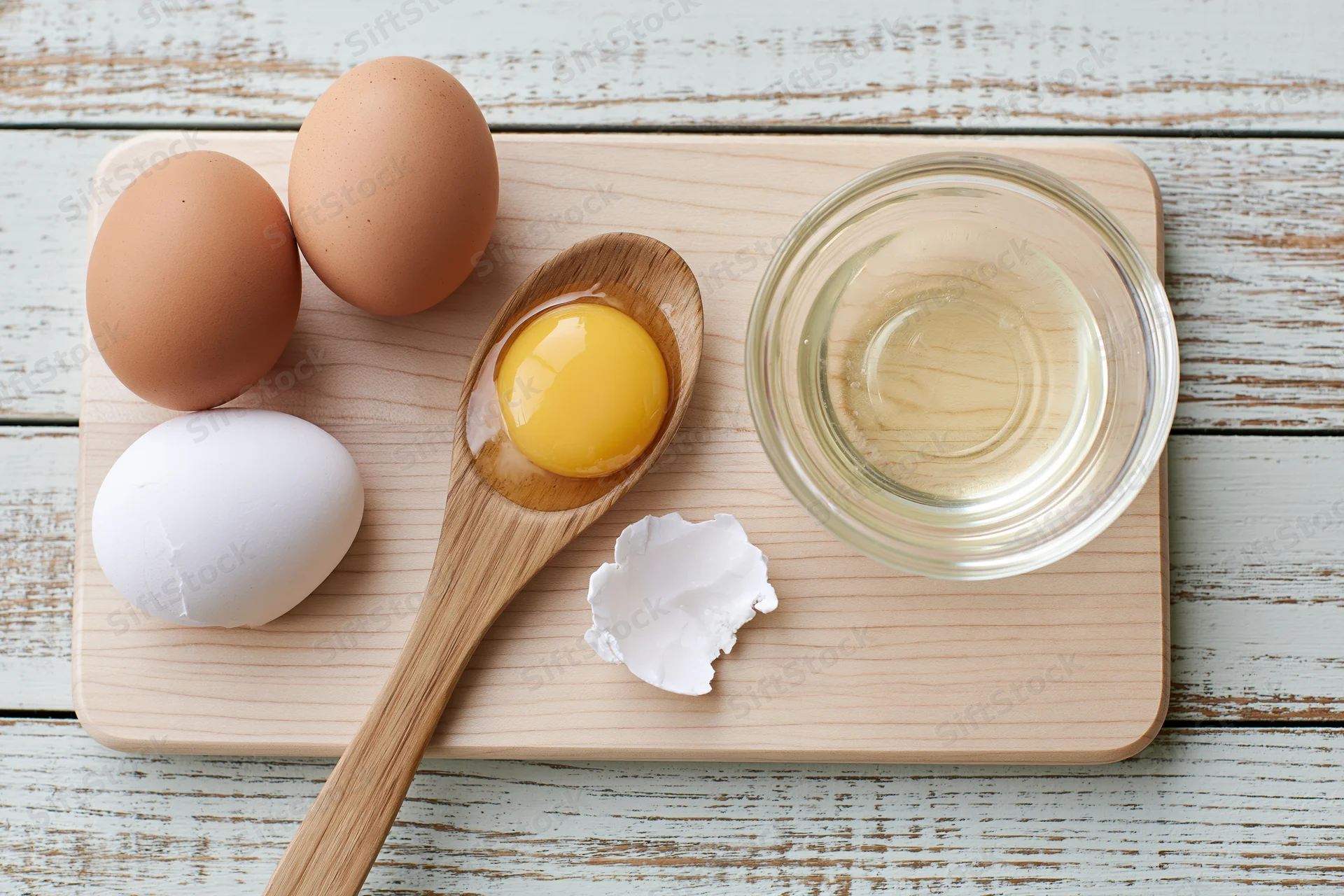 Raw egg yolk in wooden spoon on maple cutting board with whole eggs and glass bowl of egg white nearby
