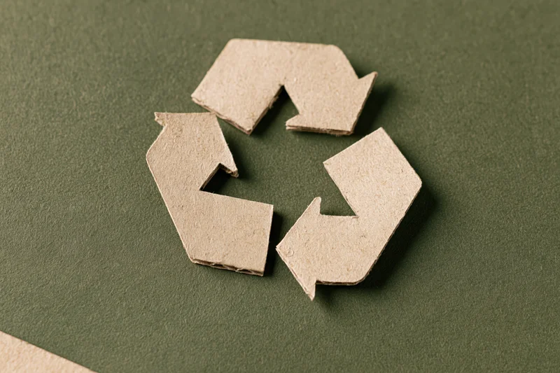 Recycling symbol cut from kraft cardboard paper placed flat on green background
