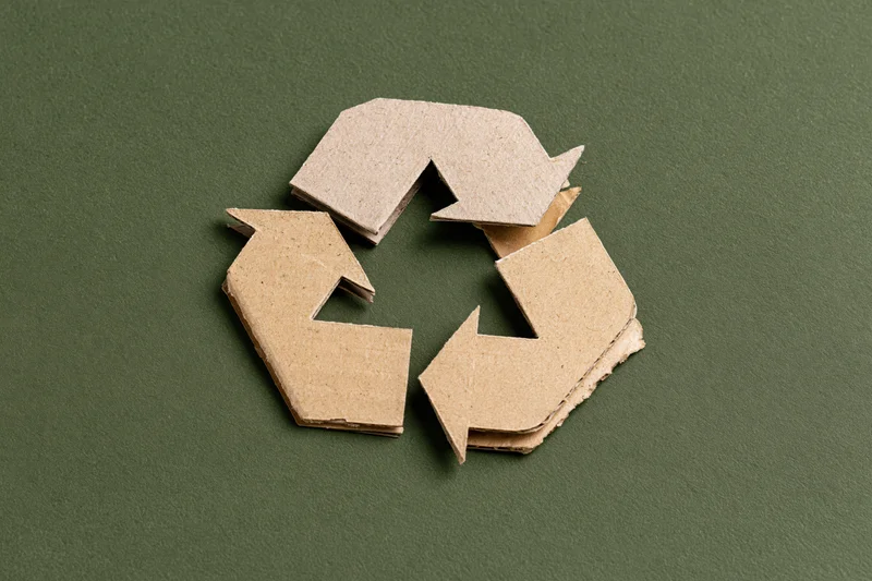 Recycling symbol cut from kraft cardboard paper placed flat on green background