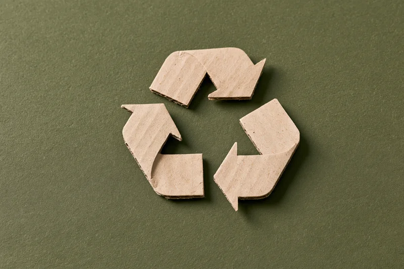 Recycling symbol cut from kraft cardboard paper placed flat on green background