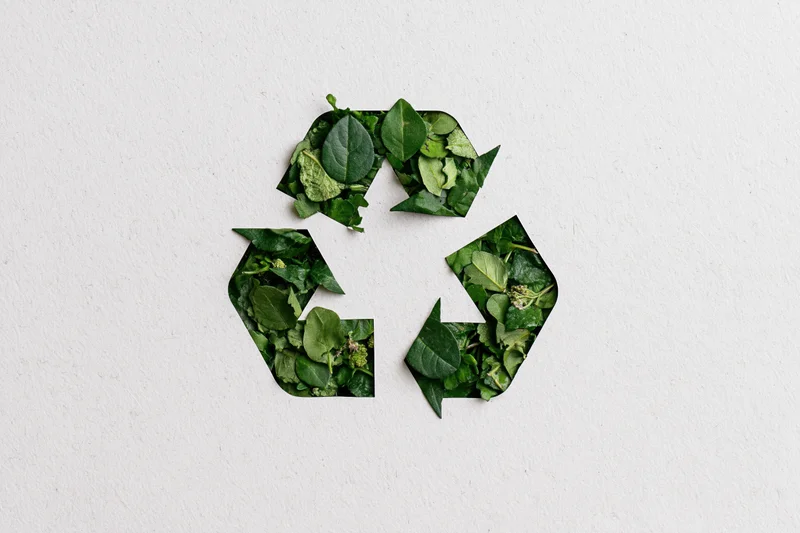 Recycling symbol cutout revealing green leaves on white background