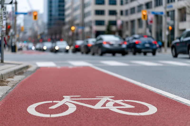 Red-painted bicycle lane with white cyclist symbol on urban street pavement