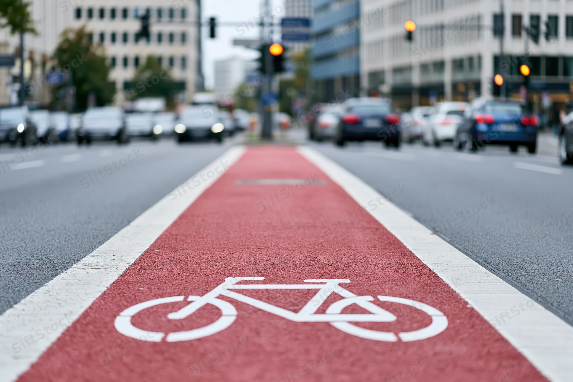 Red-painted bicycle lane with white cyclist symbol on city street at intersection