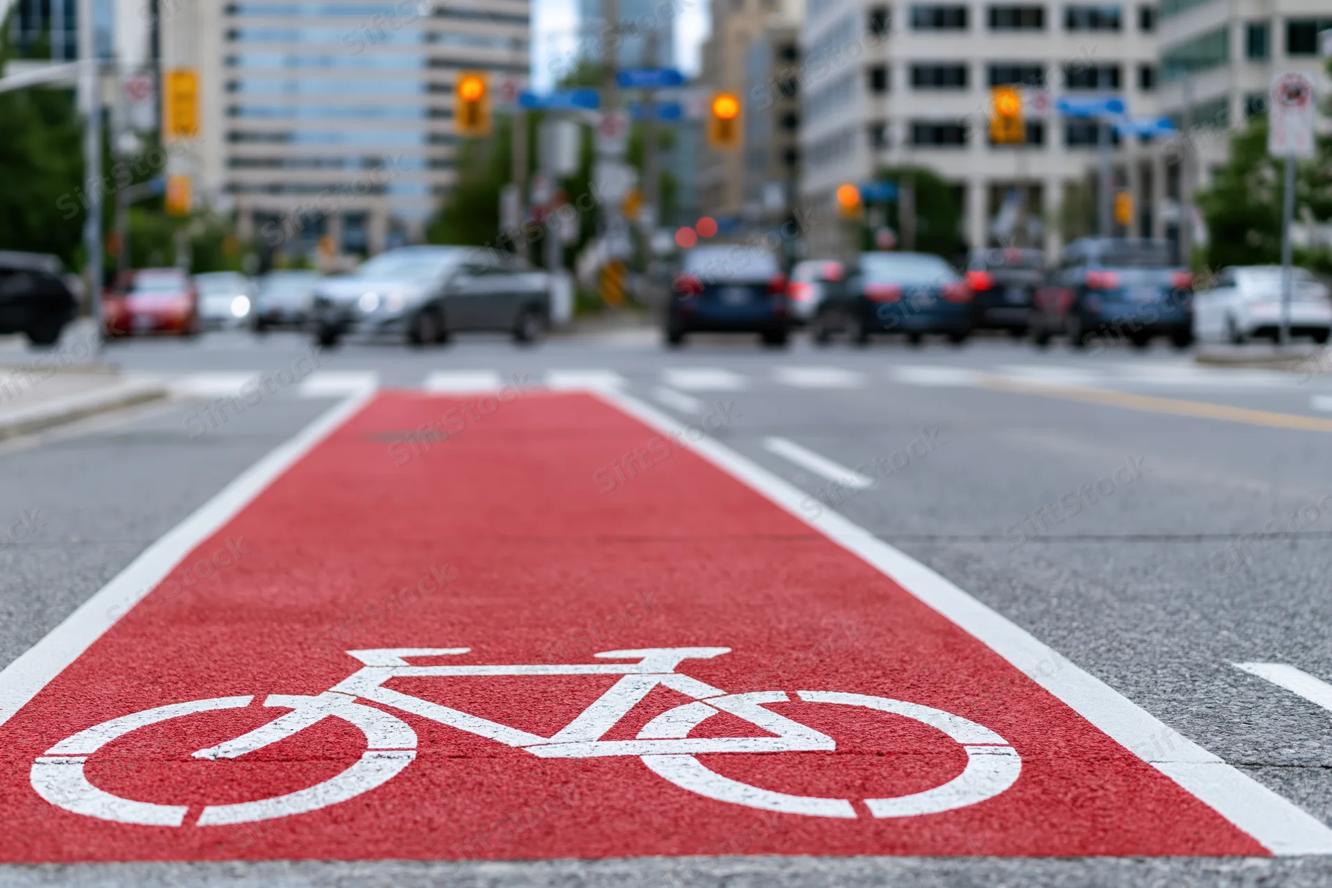 Red-painted bicycle lane with white cyclist symbol on urban street at intersection