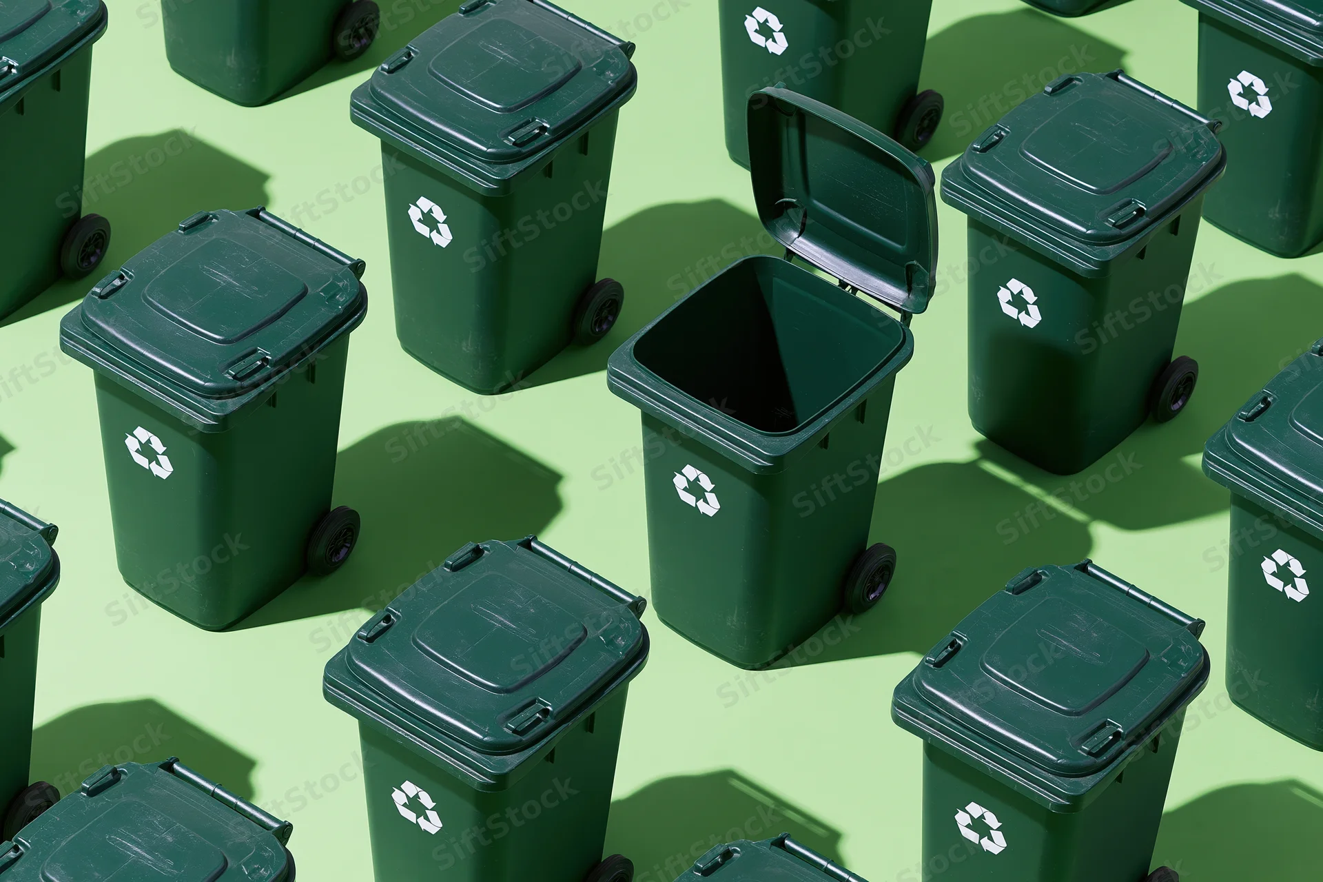 Rows of dark green plastic wheeled recycling bins arranged in pattern on light green surface