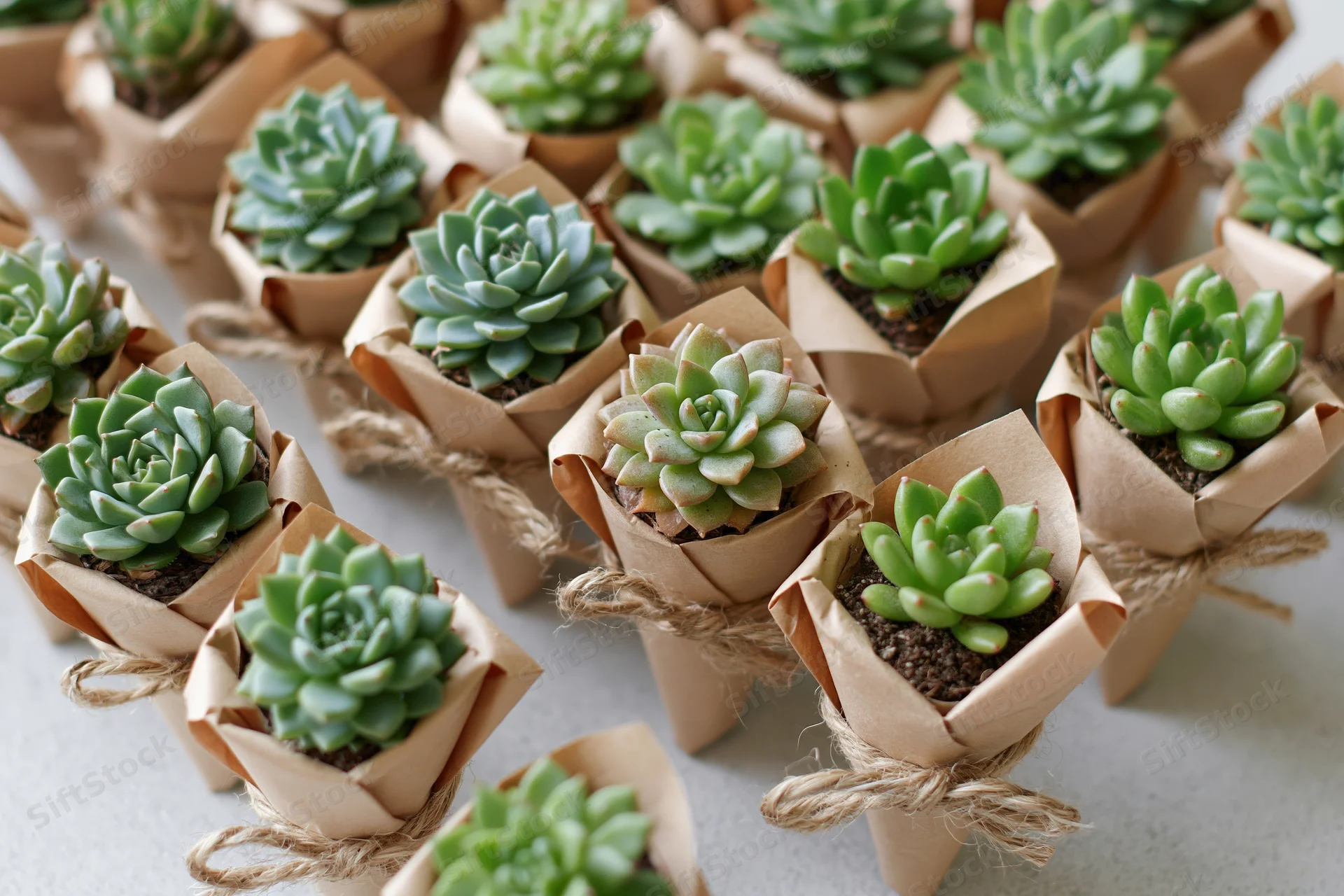 Rows of small potted succulents wrapped in folded kraft paper and tied with twine, arranged on a light surface
