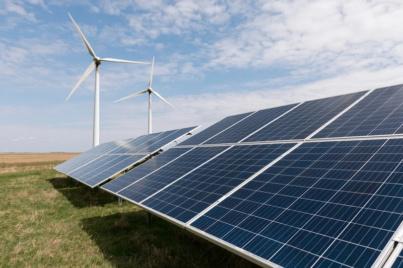 Rows of solar panels and wind turbines in a grassy field under a blue sky with scattered clouds