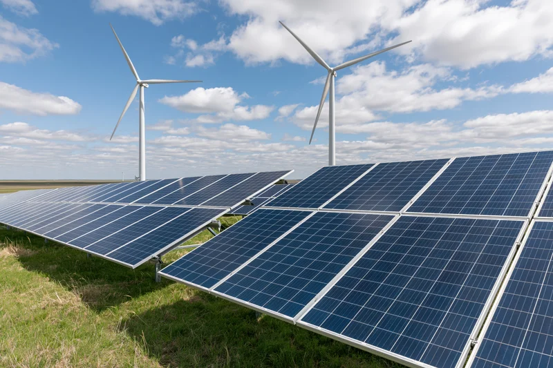 Rows of solar panels and wind turbines in a grassy field under a partly cloudy sky