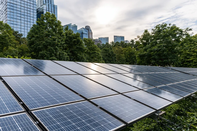Rows of solar panels installed on a rooftop in an urban green space with glass buildings and trees in the background