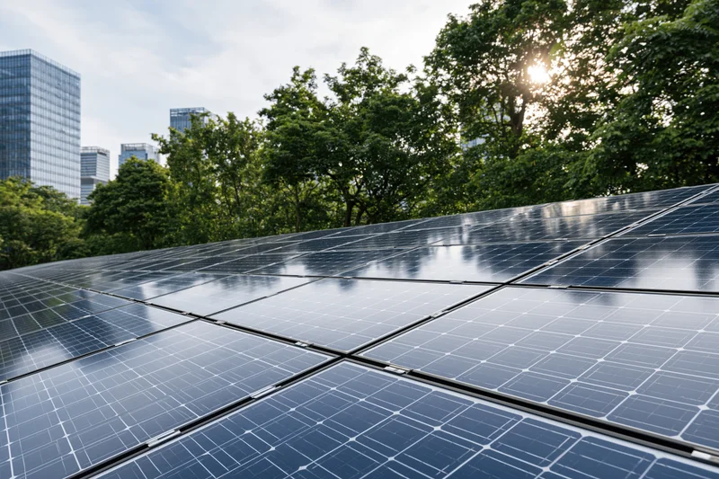 Rows of solar panels installed in an urban green space with trees and city buildings in the background