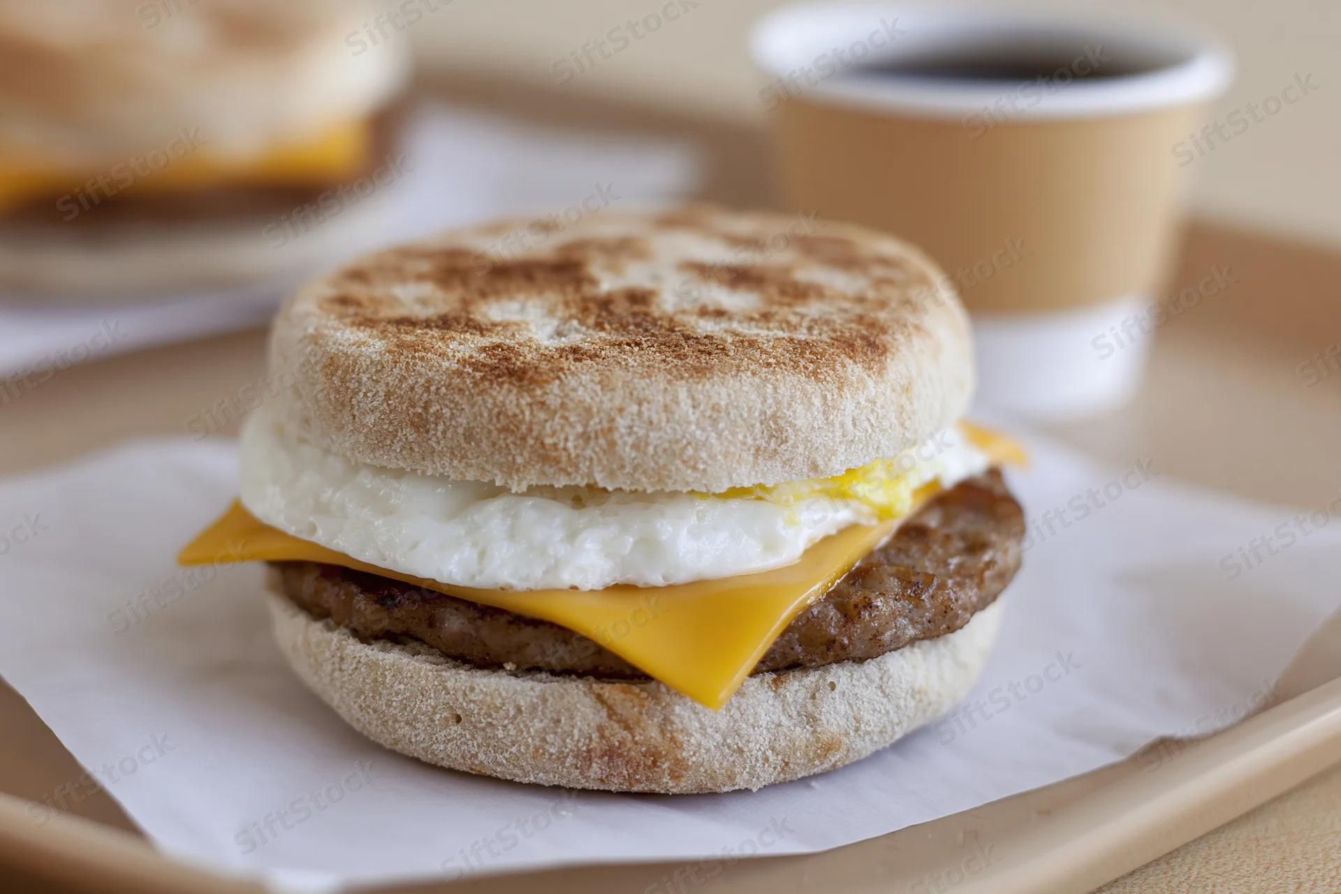 Sausage egg and cheese english muffin sandwich on paper wrapper with coffee cup on tray