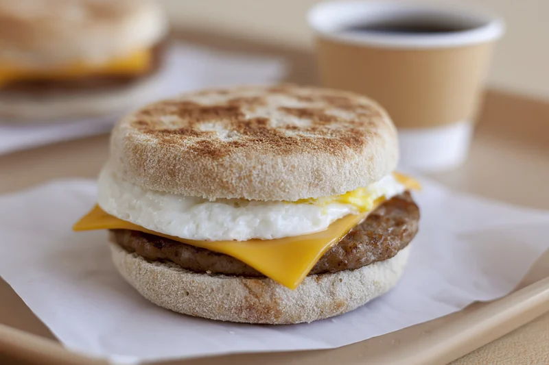 Sausage egg and cheese english muffin sandwich on paper wrapper with coffee cup on tray