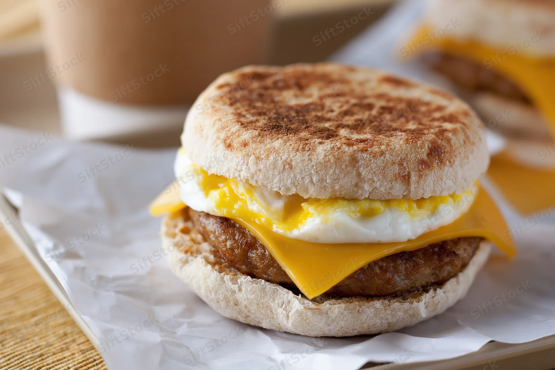 Sausage egg and cheese english muffin sandwich on paper wrapper with coffee cup in background