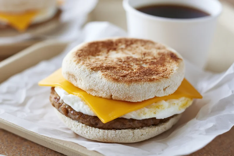 Sausage egg and cheese english muffin sandwich on paper-lined tray with coffee cup nearby