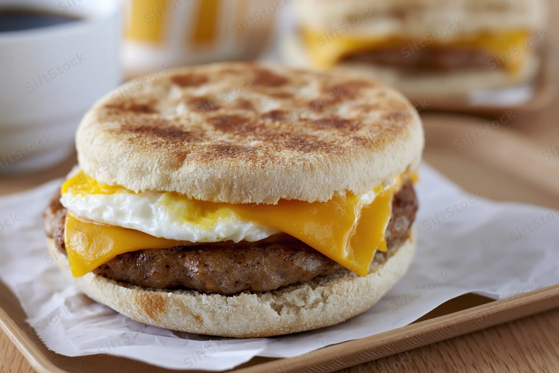 Sausage egg and cheese english muffin sandwich on paper-lined tray with coffee cup in background