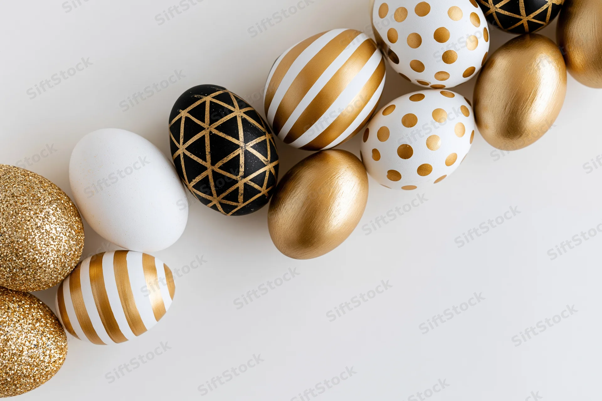 Decorated easter eggs arranged diagonally in a row on a white surface