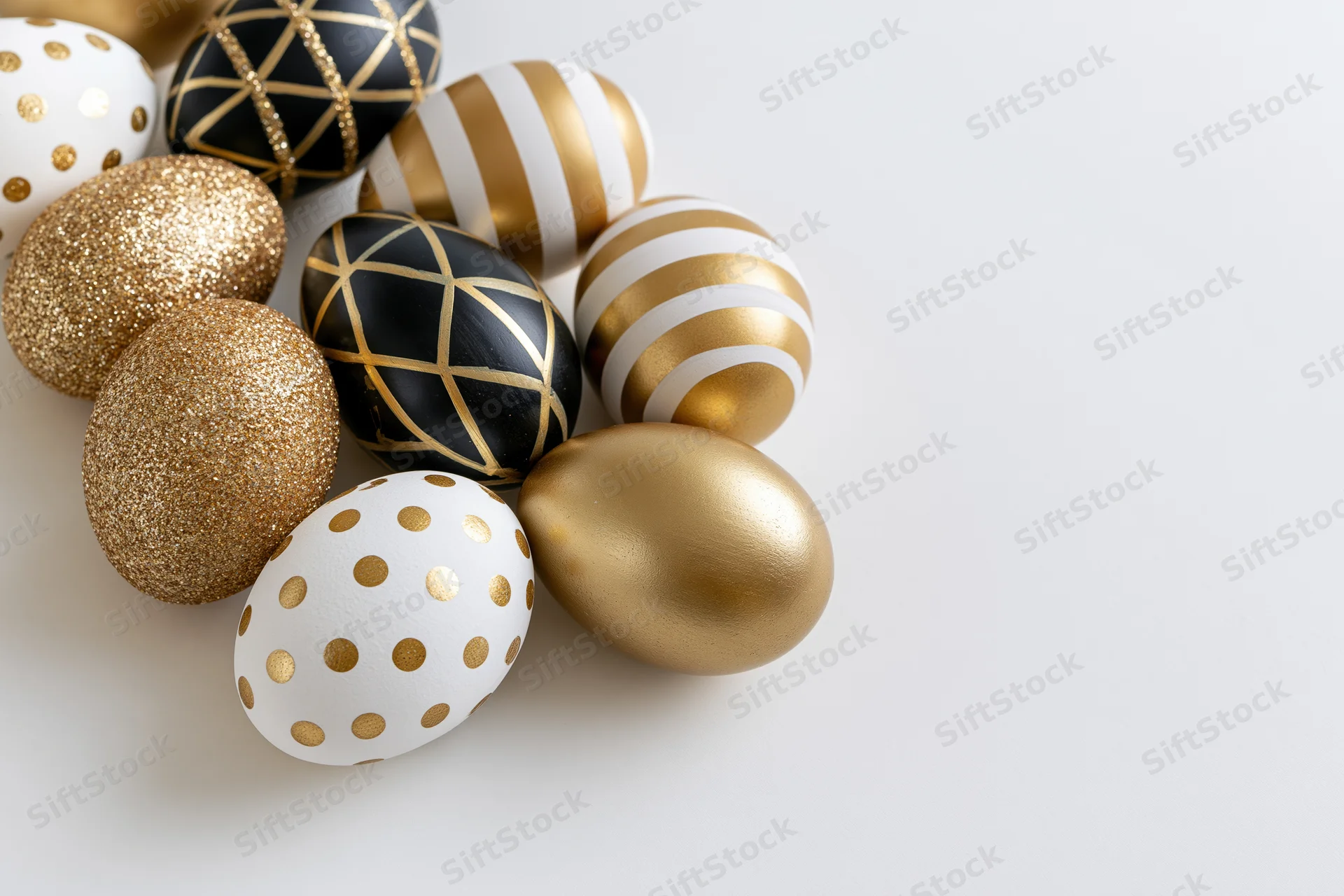 Decorated easter eggs arranged diagonally on a white surface with copyspace
