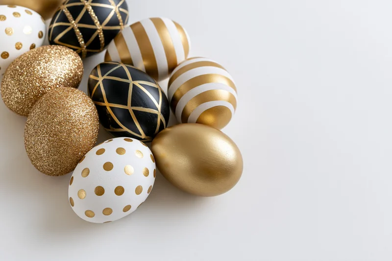 Decorated easter eggs arranged diagonally on a white surface with copyspace