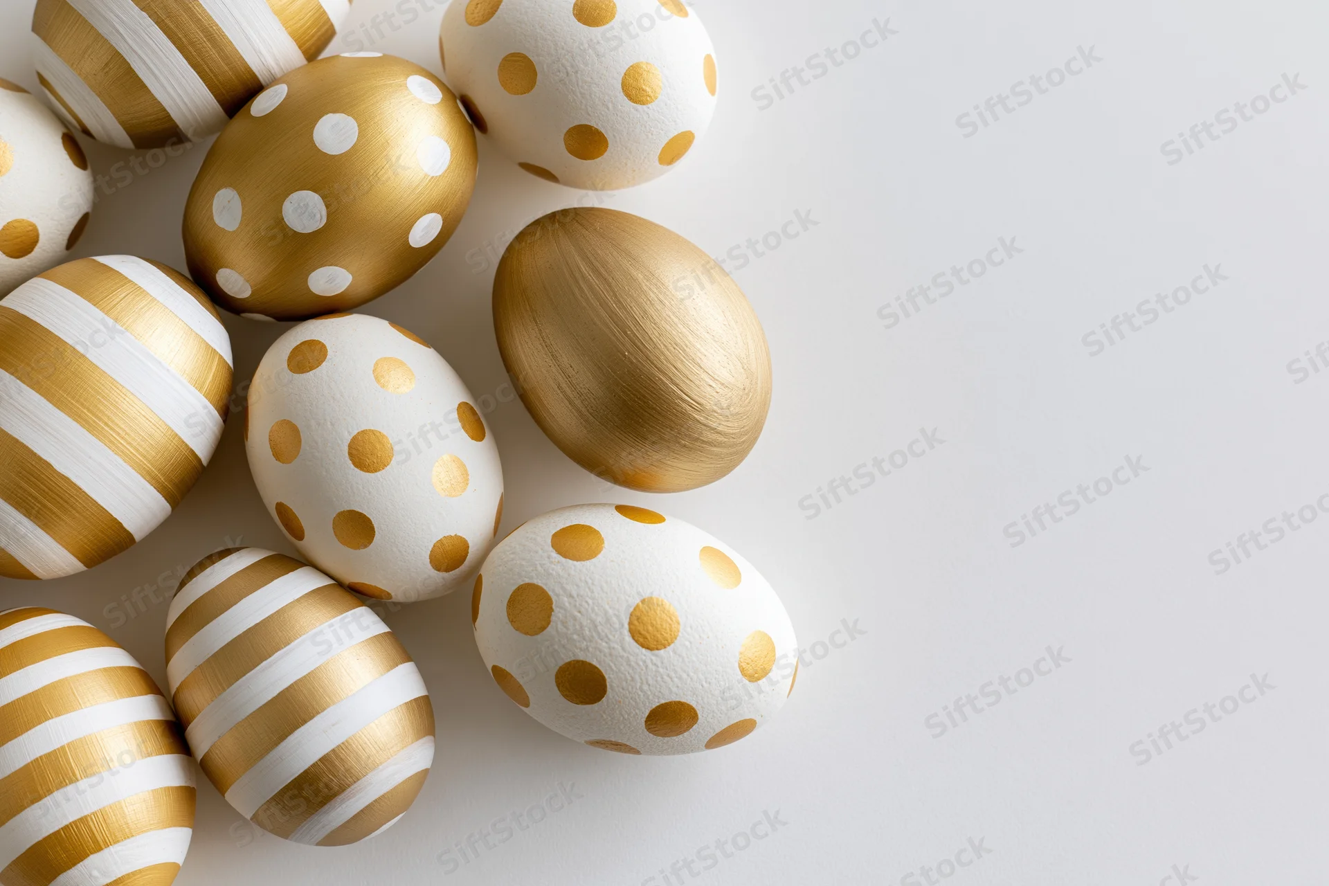 Decorated easter eggs with gold and white patterns arranged in a loose cluster on a white surface