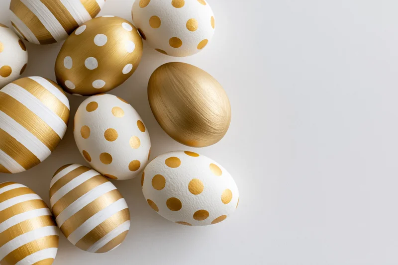 Decorated easter eggs with gold and white patterns arranged in a loose cluster on a white surface