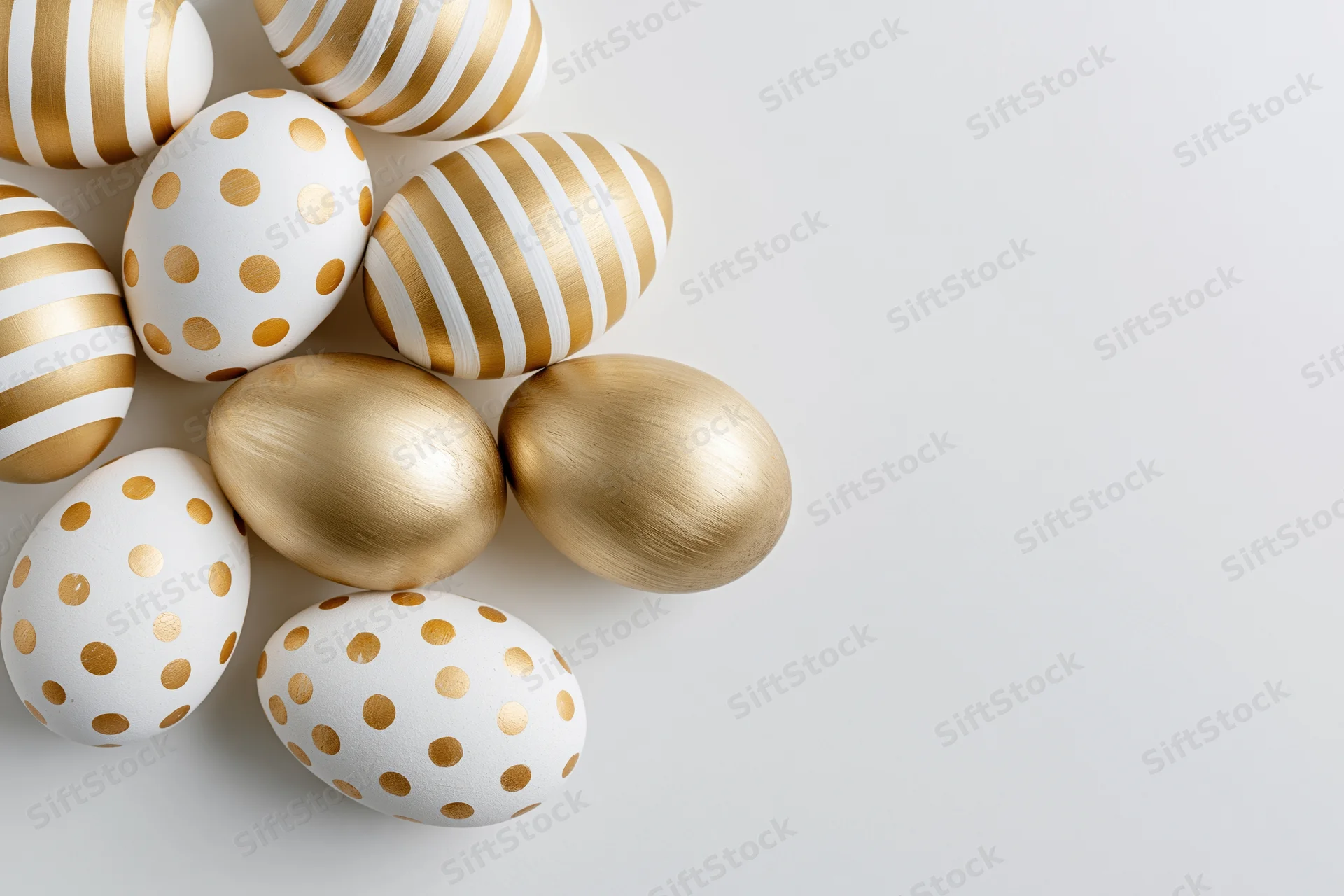 Seven decorated easter eggs arranged loosely in the bottom-left corner on a white surface with copyspace