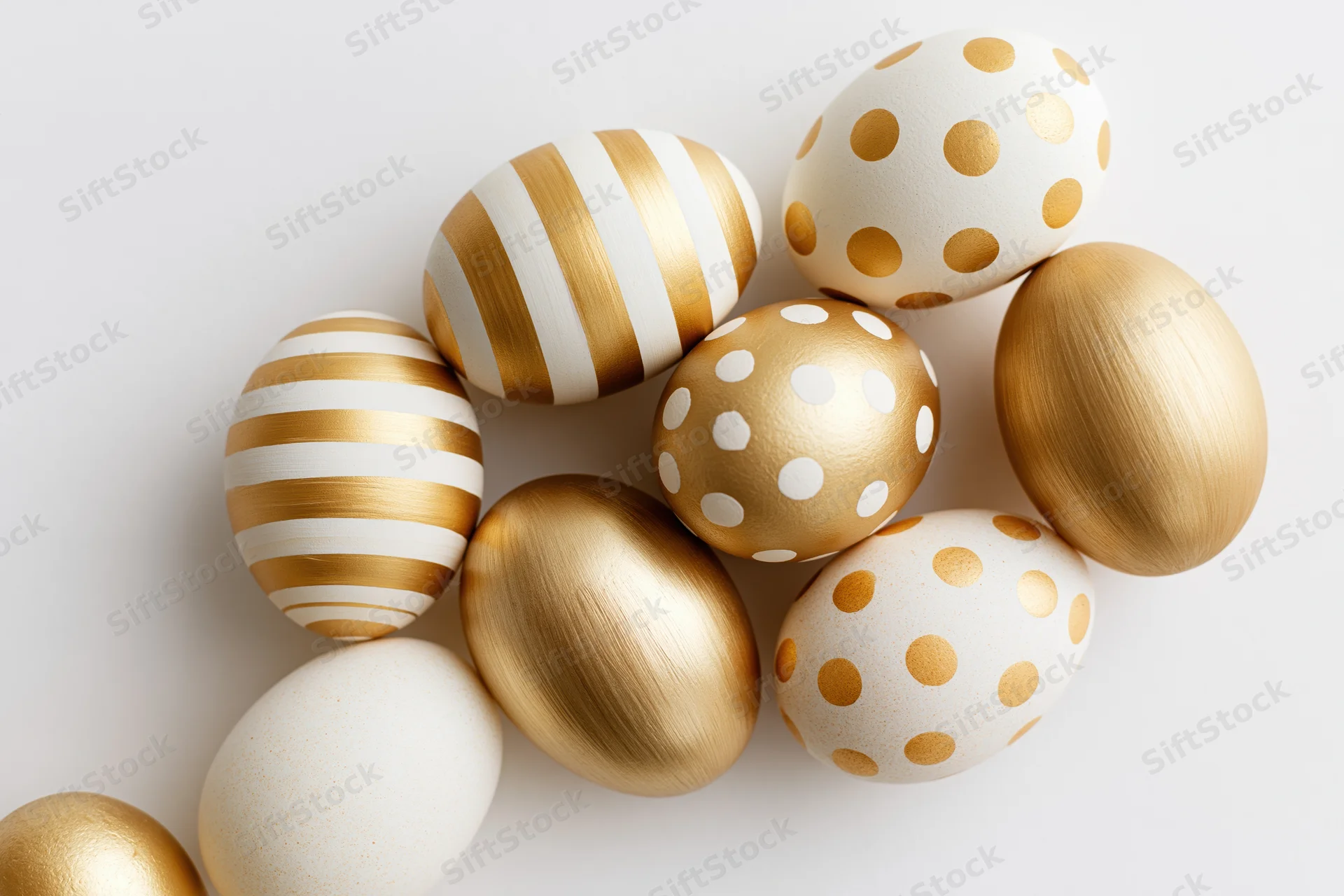 Seven decorated easter eggs arranged loosely on white surface with golden and white patterns