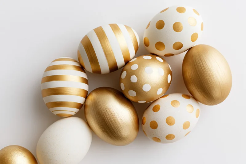 Seven decorated easter eggs arranged loosely on white surface with golden and white patterns