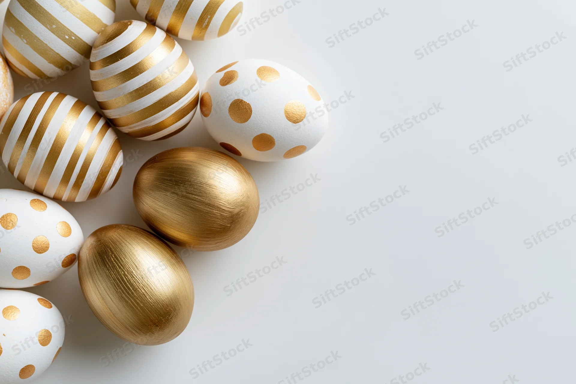 Decorated easter eggs arranged loosely on white surface with copyspace