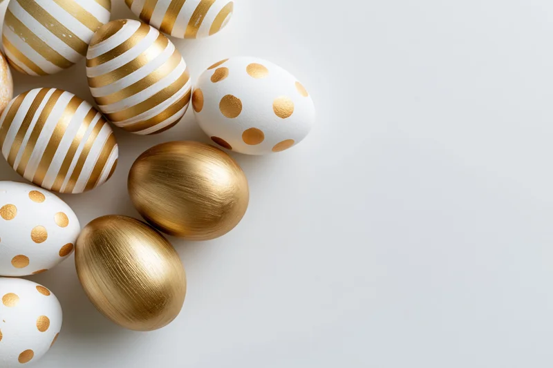 Decorated easter eggs arranged loosely on white surface with copyspace