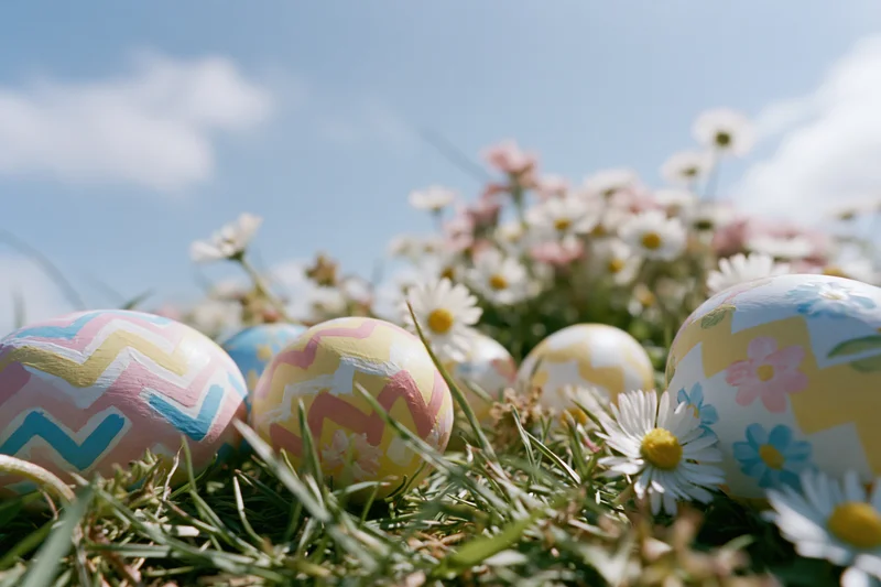 Decorated easter eggs resting in green grass among daisies under a blue sky