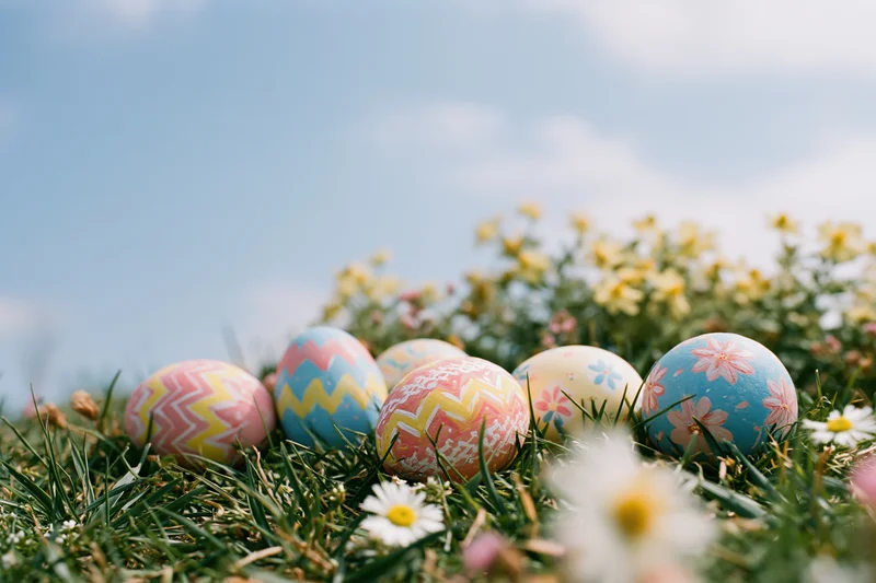 Decorated easter eggs resting in short green grass among daisies and yellow flowers under a blue sky