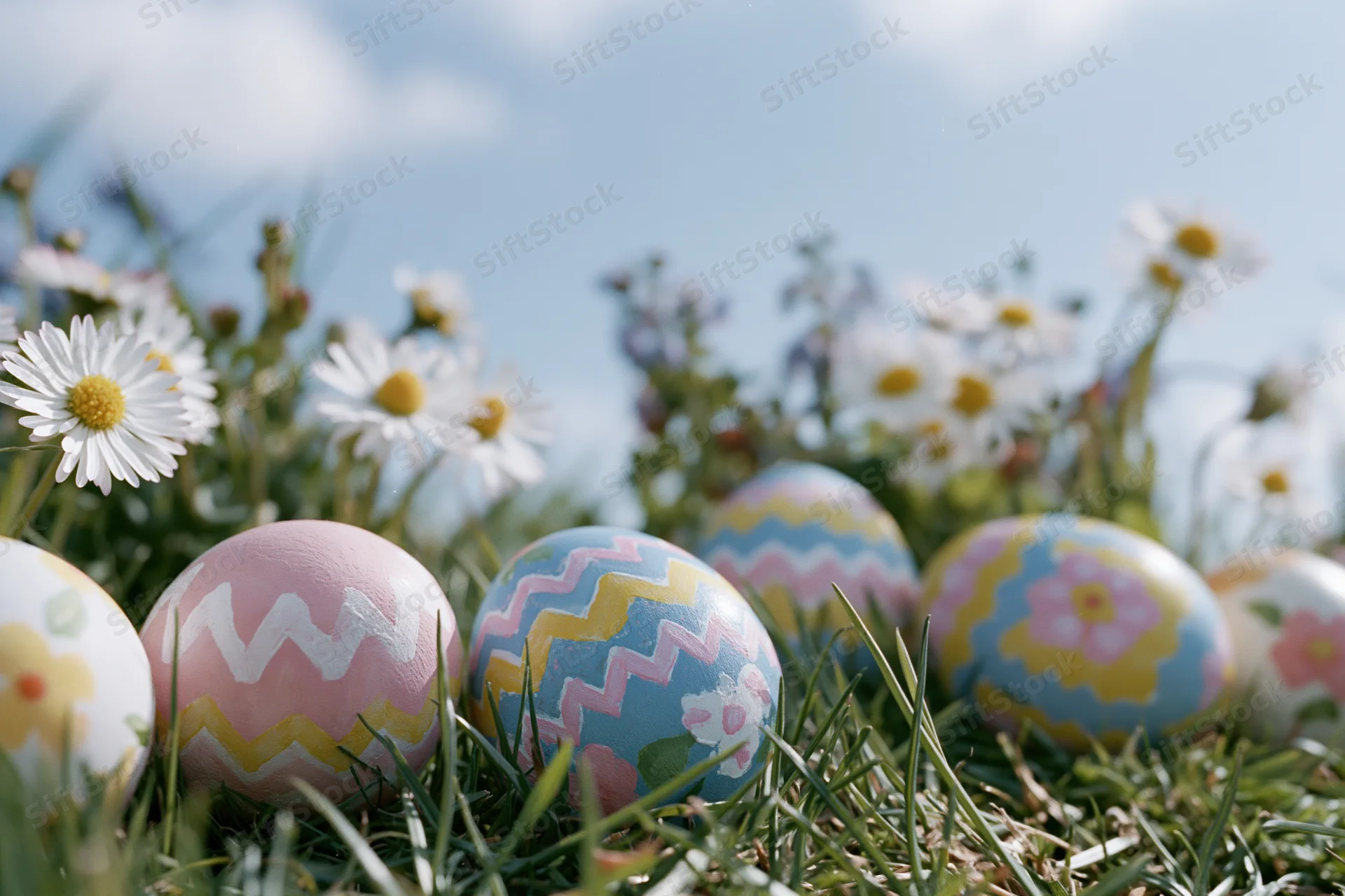 Decorated easter eggs resting in short green grass with daisies and blue sky in background