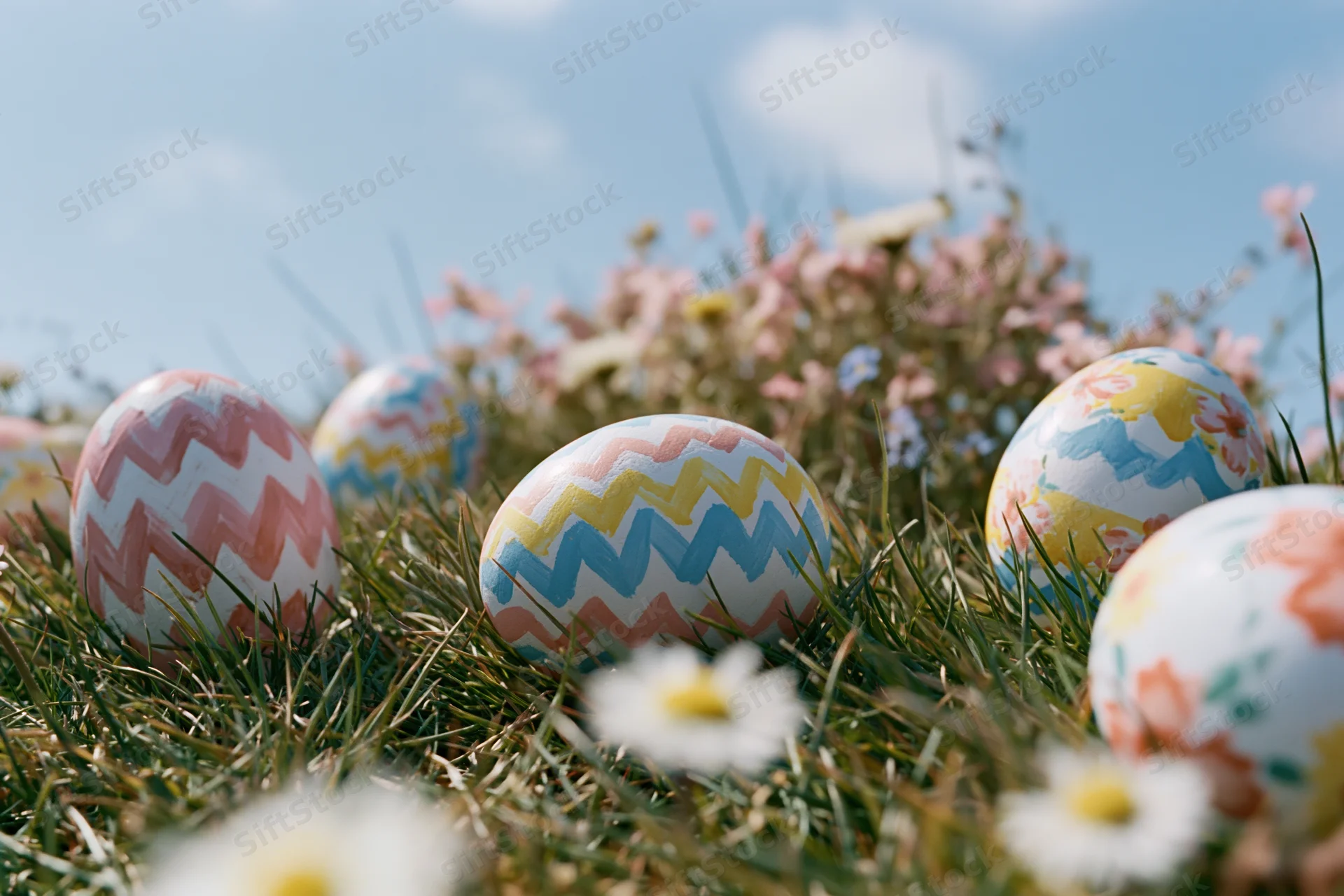 Decorated easter eggs resting in green grass among wildflowers under a blue sky