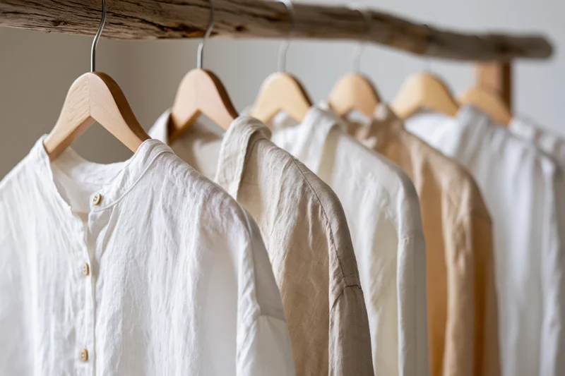 Linen and cotton shirts in white and ecru tones hanging on wooden hangers on a rack