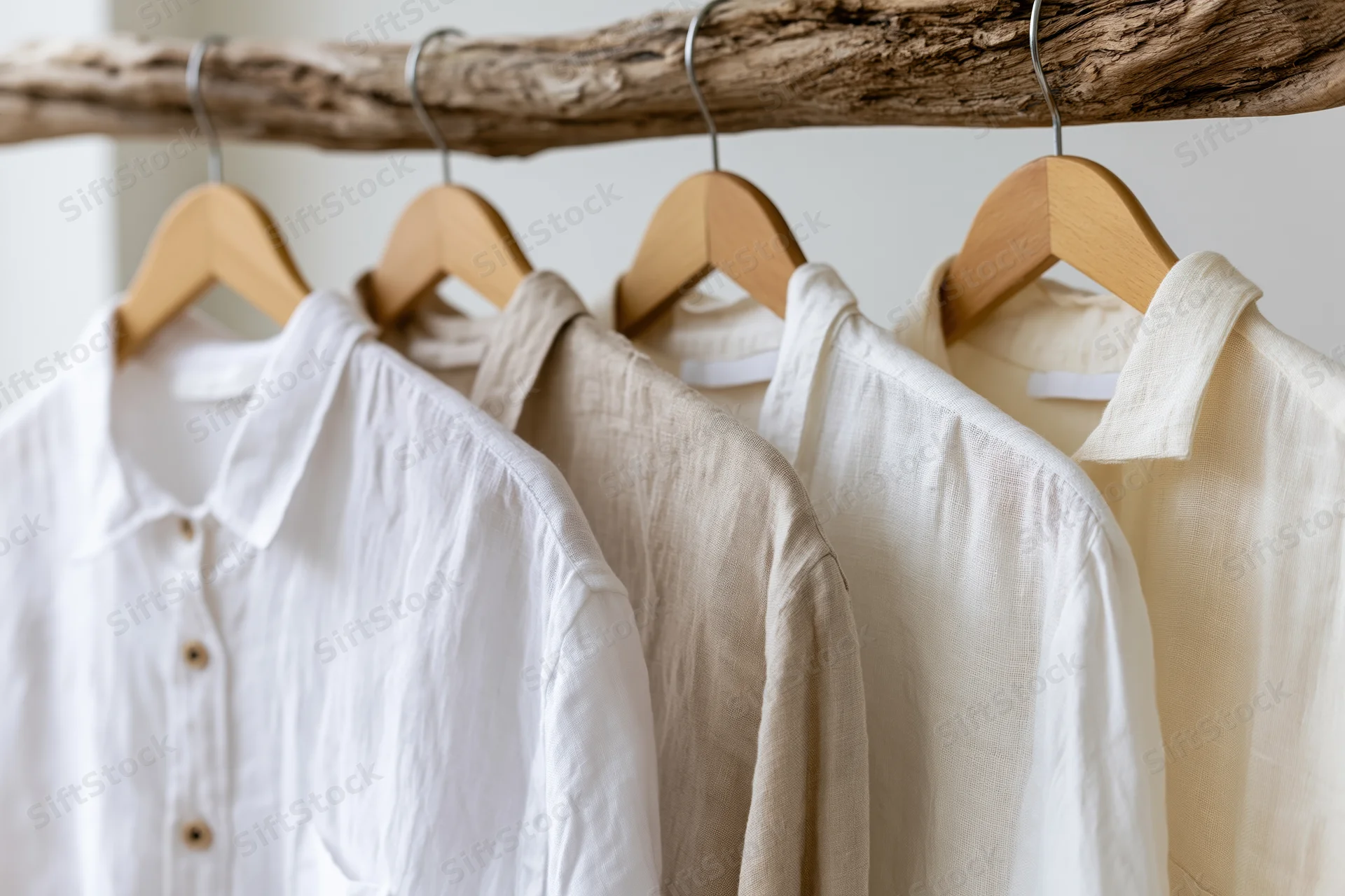 Linen and cotton shirts in white and ecru tones hanging on wooden hangers from a driftwood rack