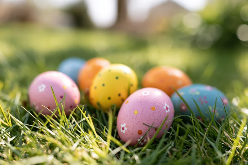 Painted easter eggs in grass with floral and polka dot patterns
