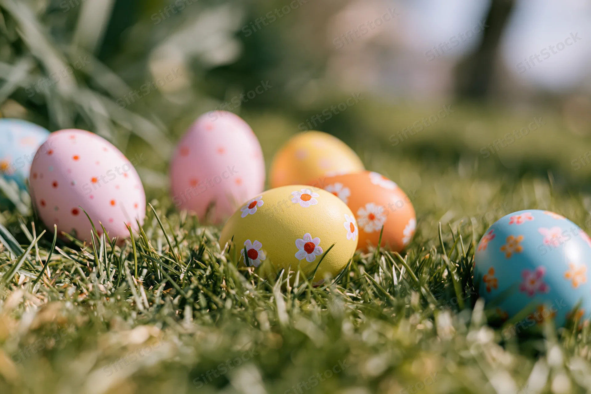 Painted easter eggs scattered in green grass under sunlight