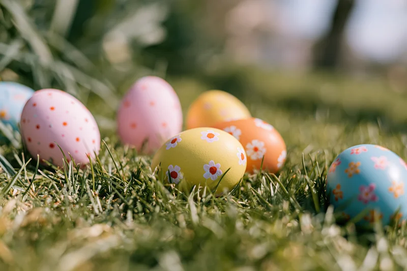 Painted easter eggs scattered in green grass under sunlight