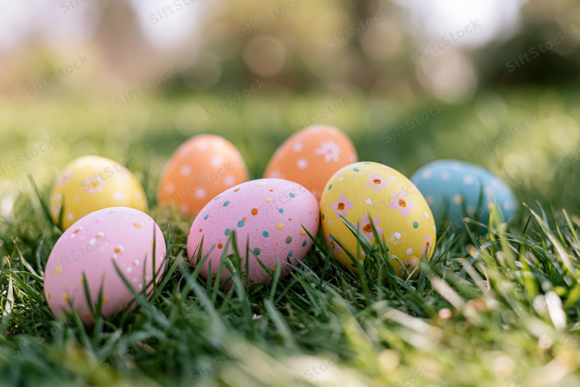 Painted easter eggs in pastel colors with floral and polka dot patterns resting on green grass in a garden setting