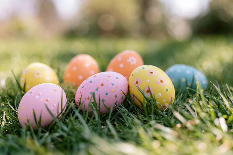 Painted easter eggs in pastel colors with floral and polka dot patterns resting on green grass in a garden setting