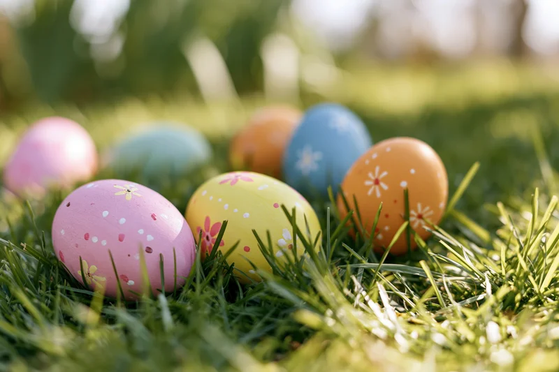 Painted easter eggs arranged in green grass under sunlight