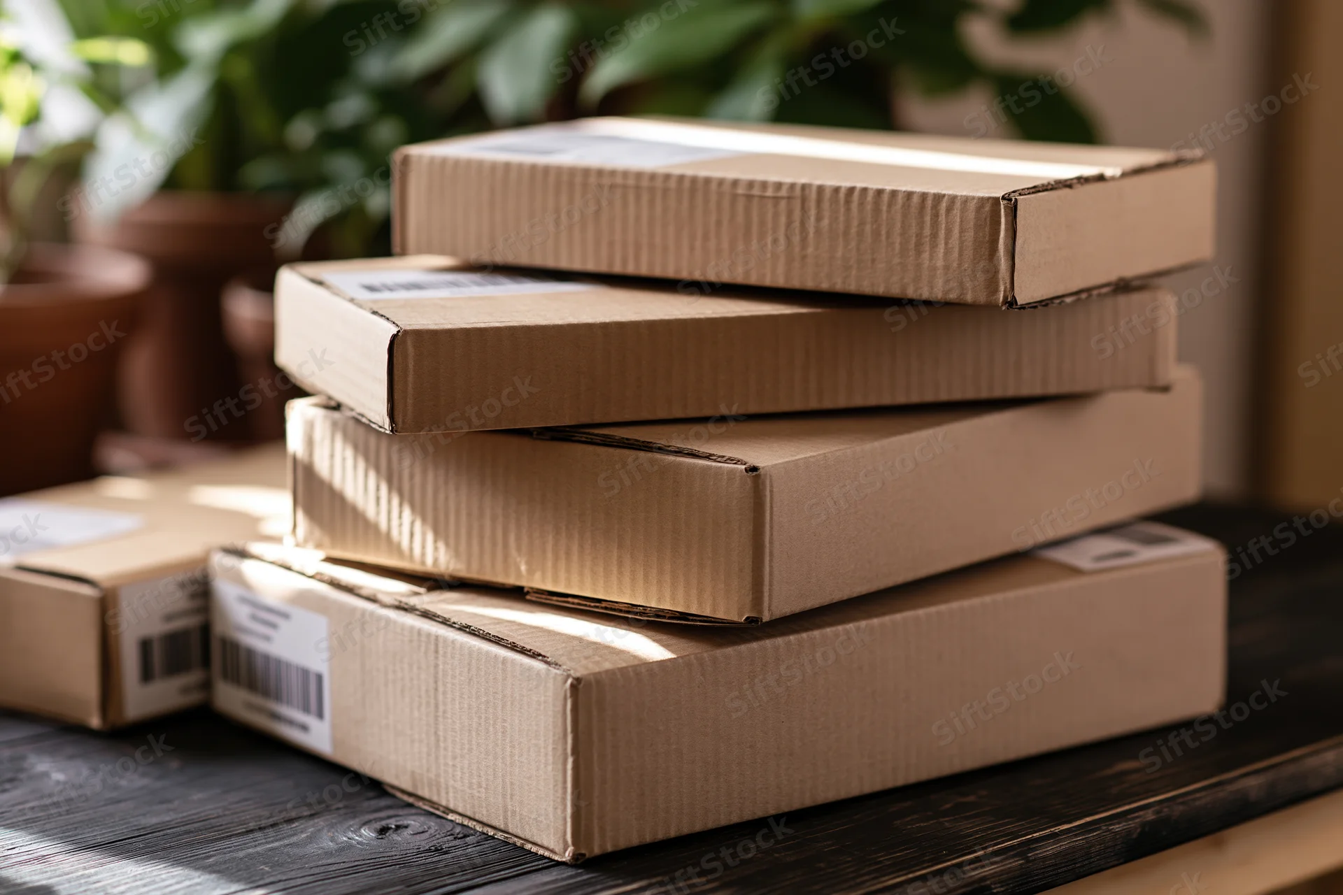Stacked corrugated cardboard shipping boxes on a wooden table near a potted plant