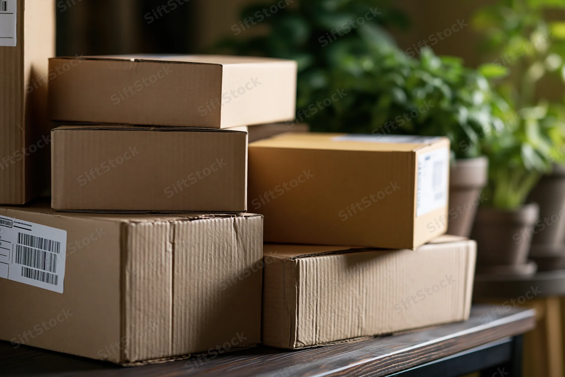 Stacked corrugated cardboard shipping boxes on a wooden table with potted plants in the background