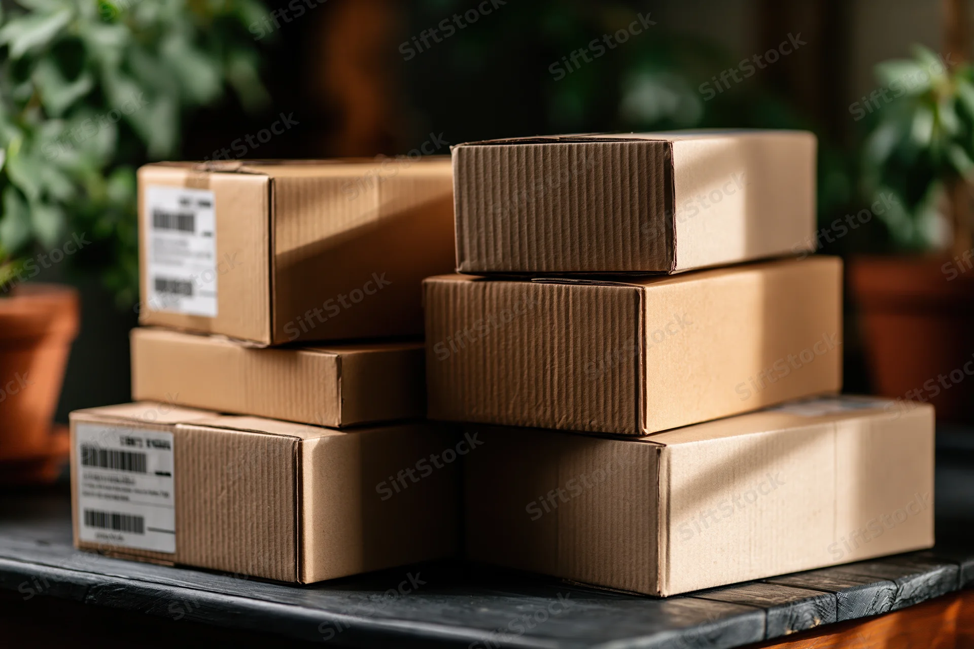 Stacked corrugated cardboard shipping boxes on a wooden table with potted plants in the background