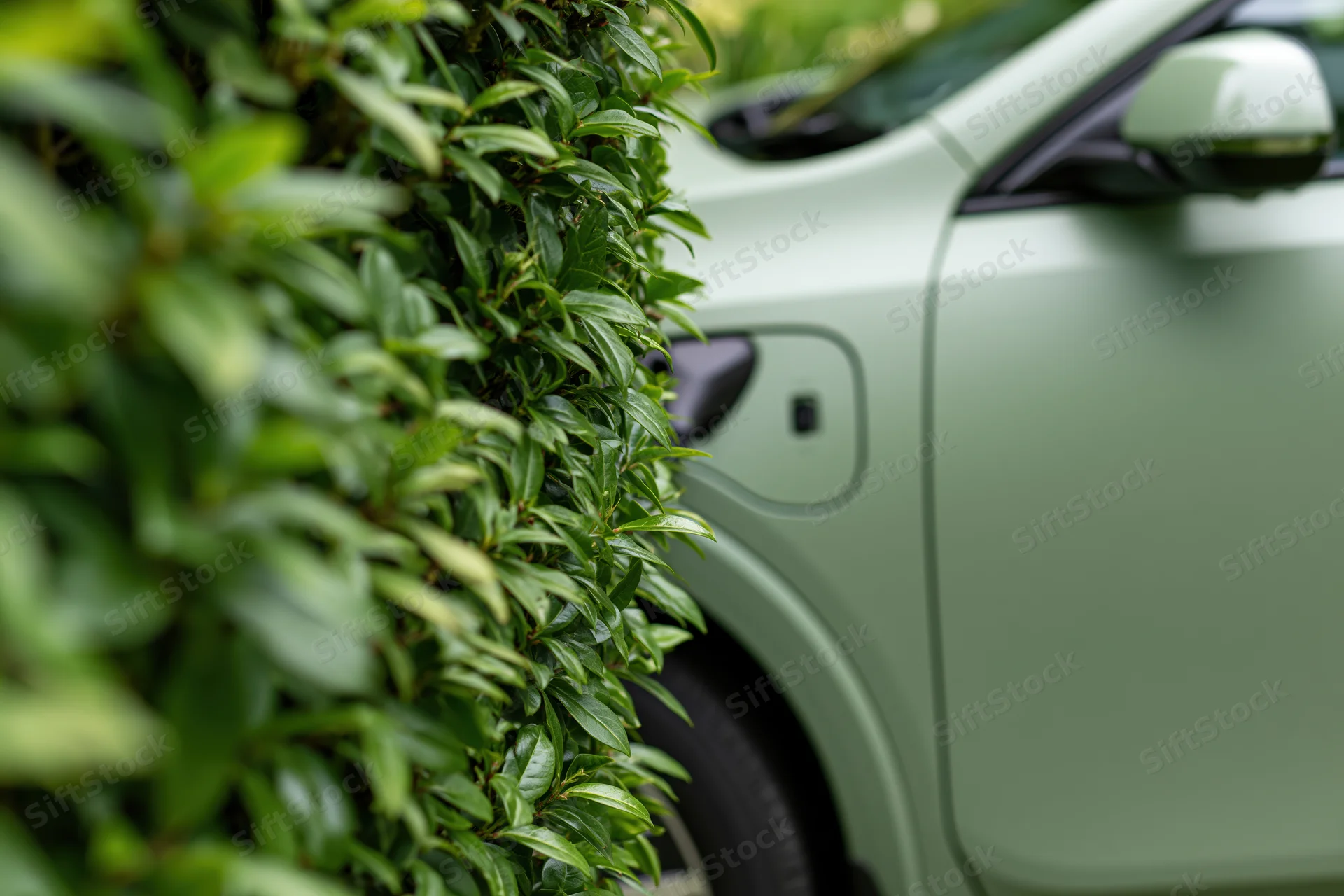 Matte sage-green electric vehicle parked beside a leafy hedge