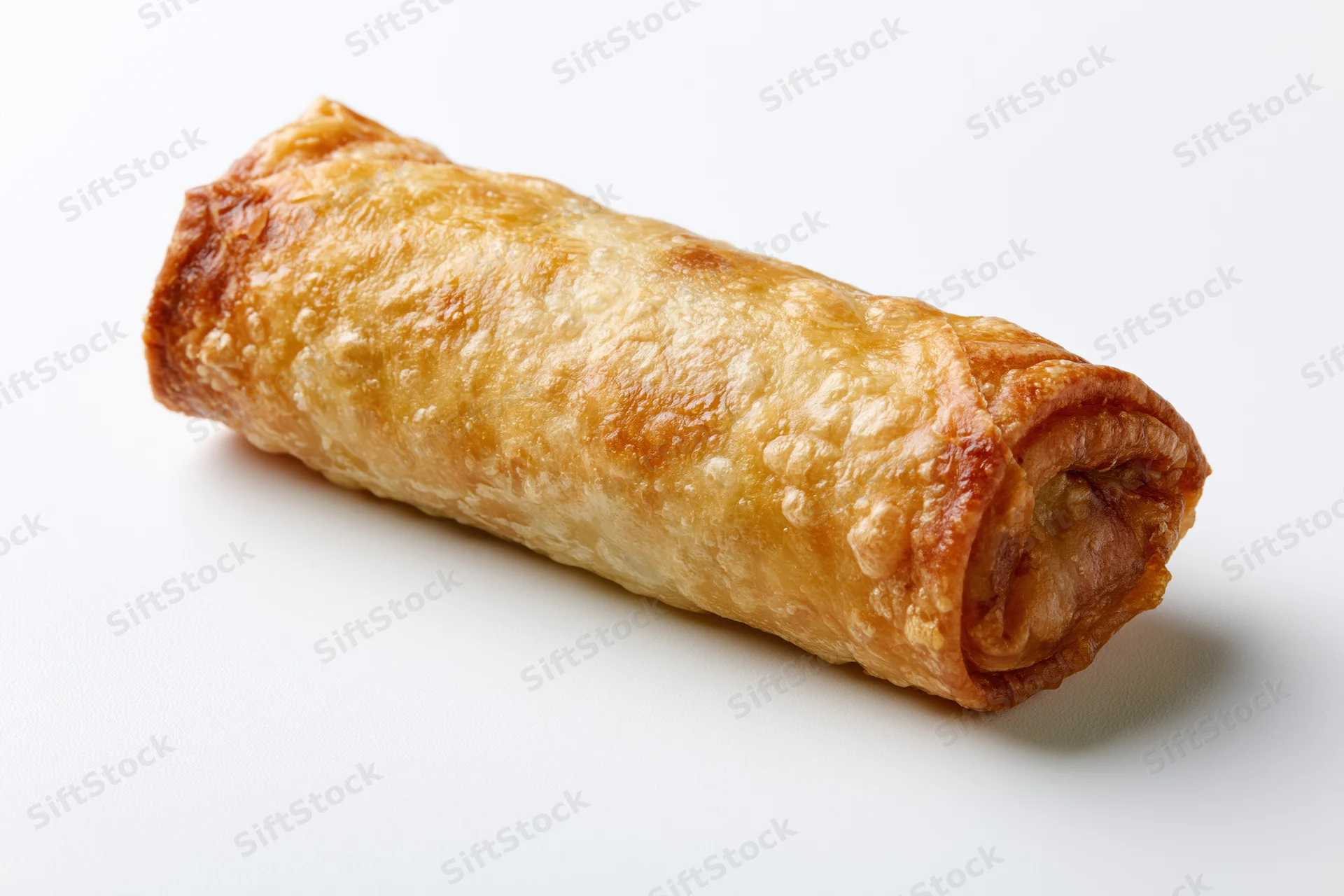 Single fried egg roll resting on a clean white surface isolated